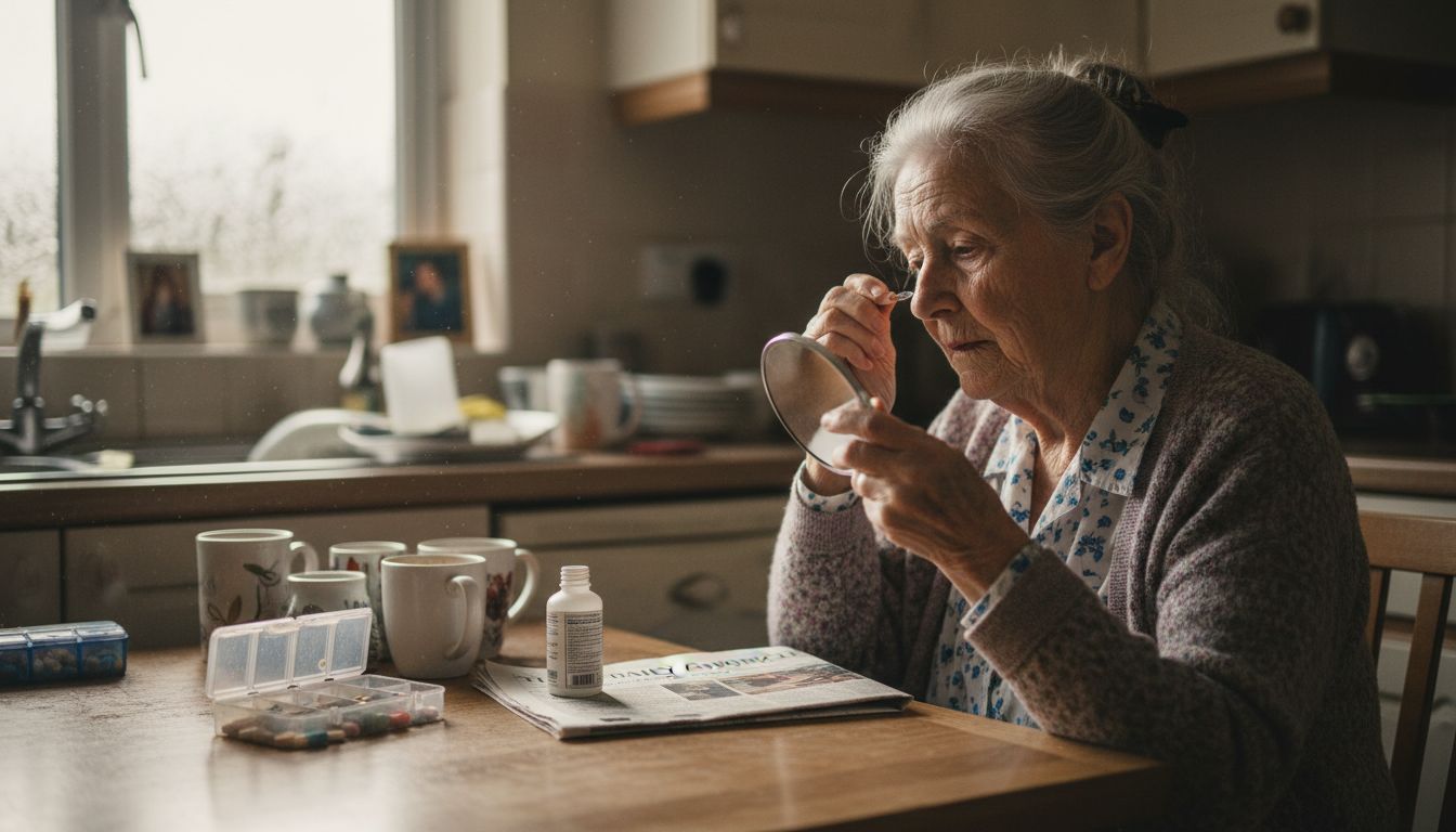 Elderly woman uses ear drops at kitchen table