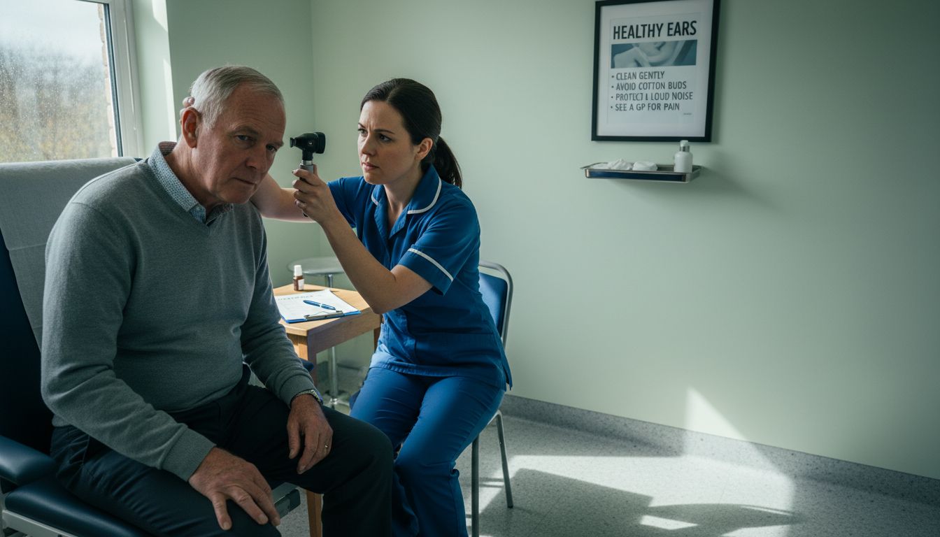 Nurse examining patient’s ear in clinic