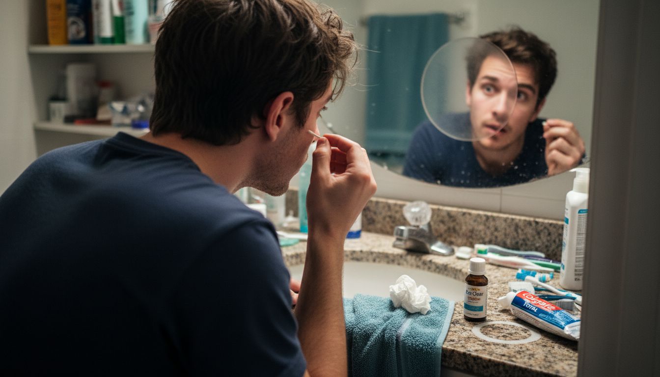 Man using cotton bud for ear cleaning at home