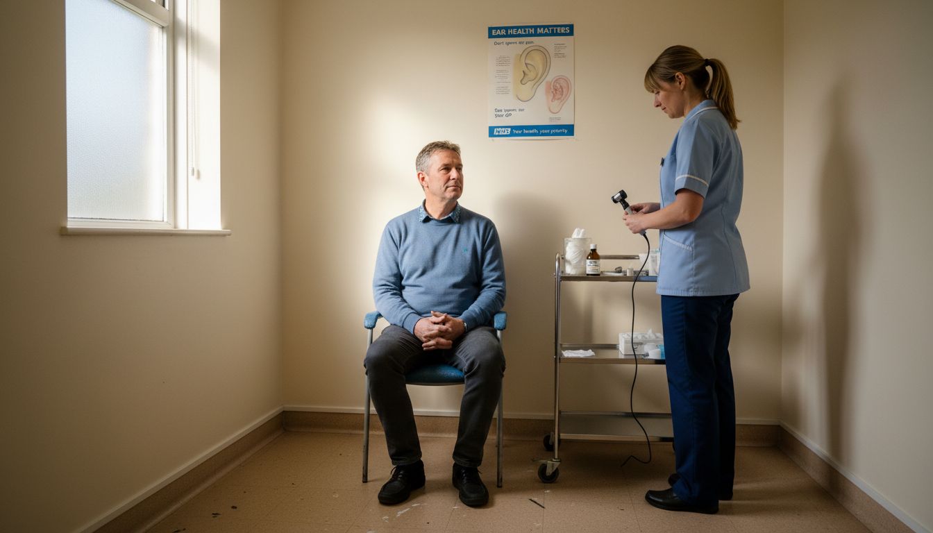 Patient waiting for ear examination in NHS clinic
