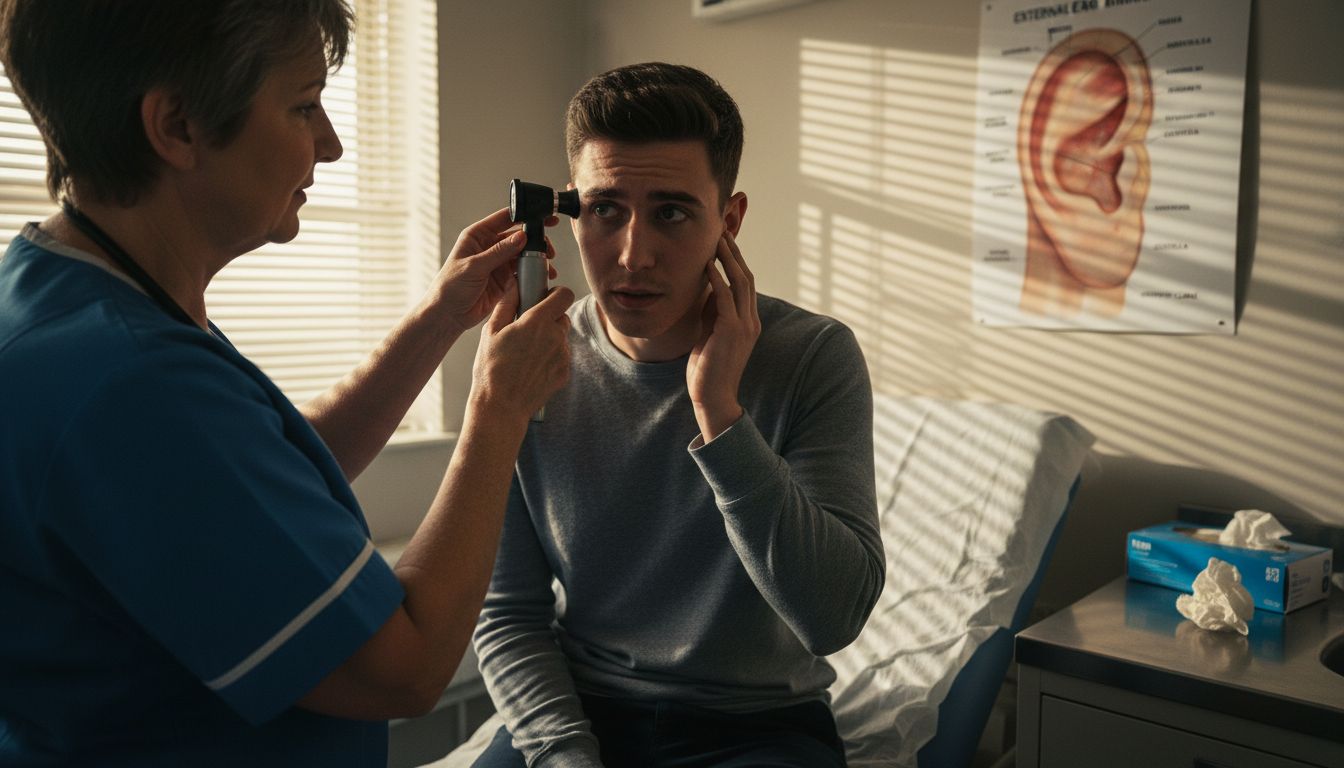 Doctor examines patient’s ear in hospital