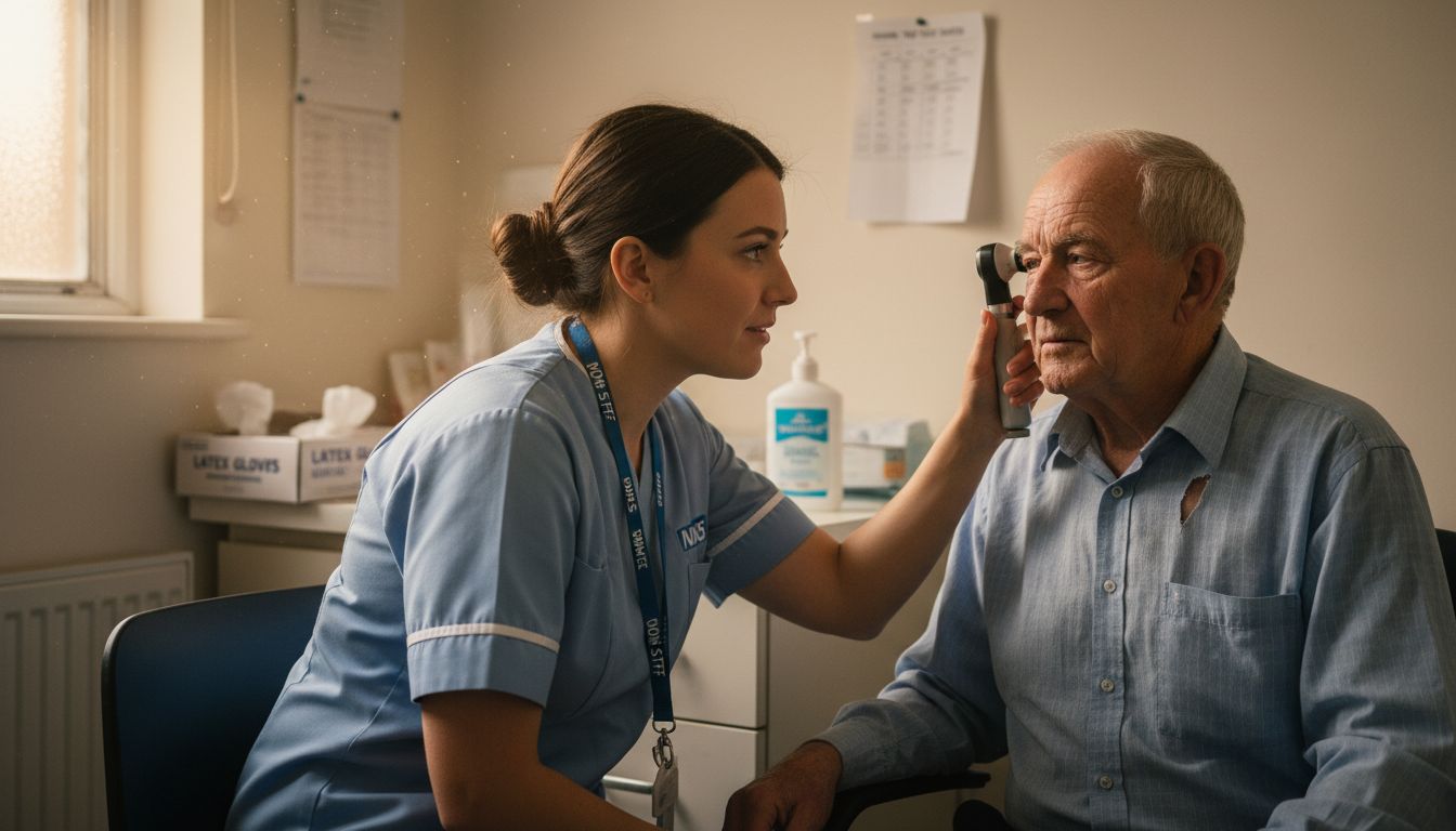 NHS nurse examining patient’s ear