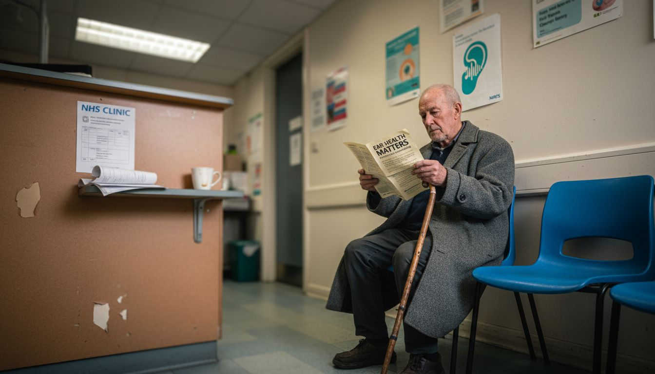 Man reading ear health leaflet in NHS waiting room