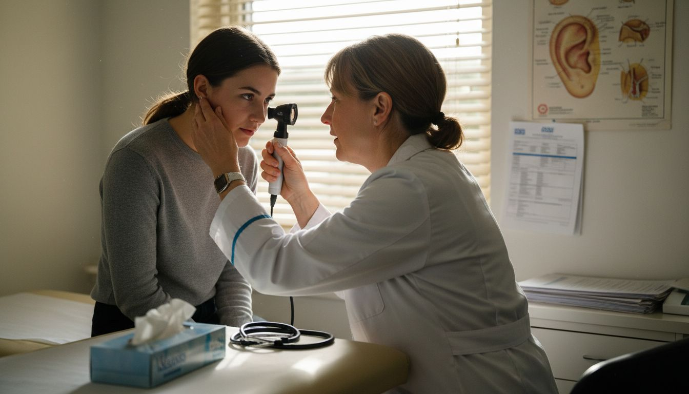GP examines patient’s ear in clinic room