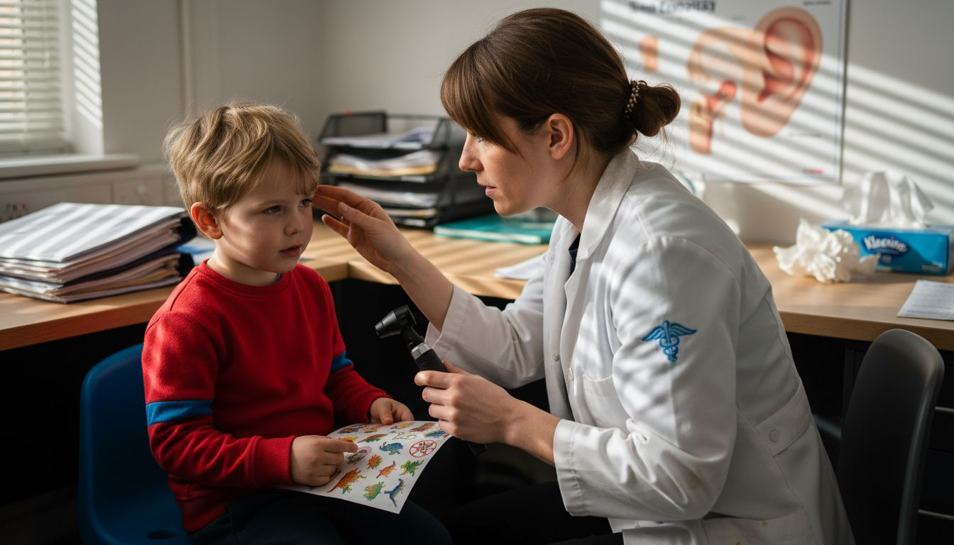 Pediatrician examining child’s ear in clinic