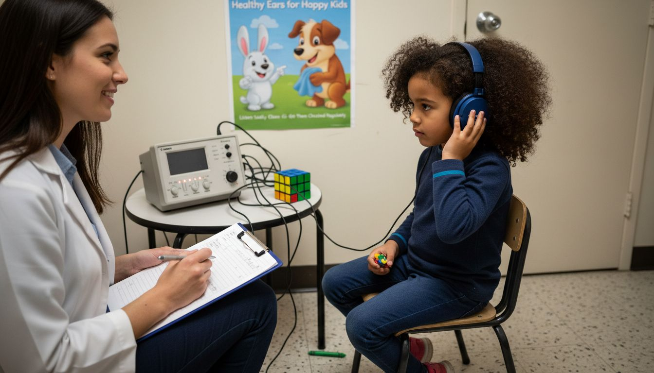 Child taking hearing test in audiology room