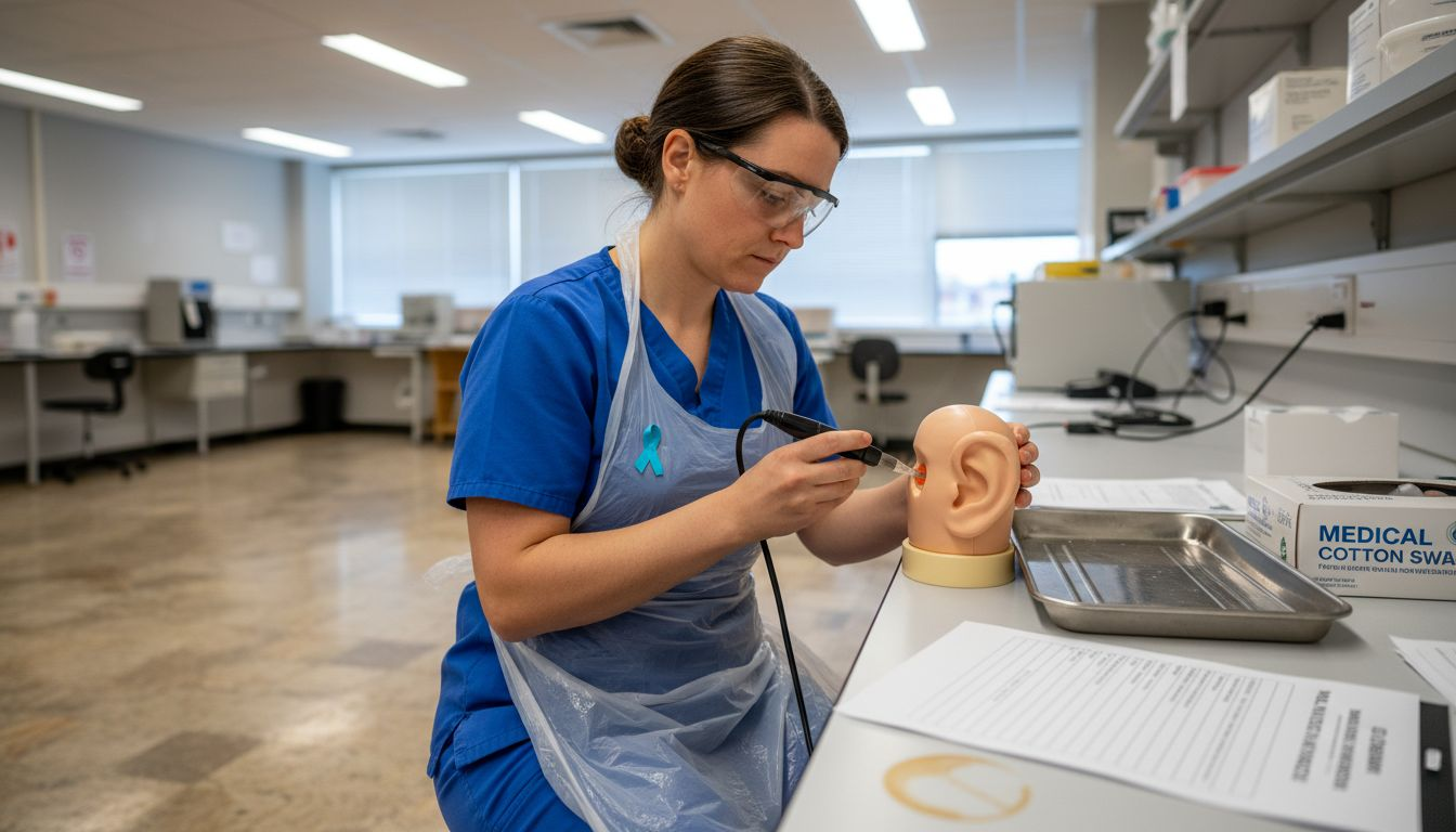 Clinician demonstrates microsuction technique in training room