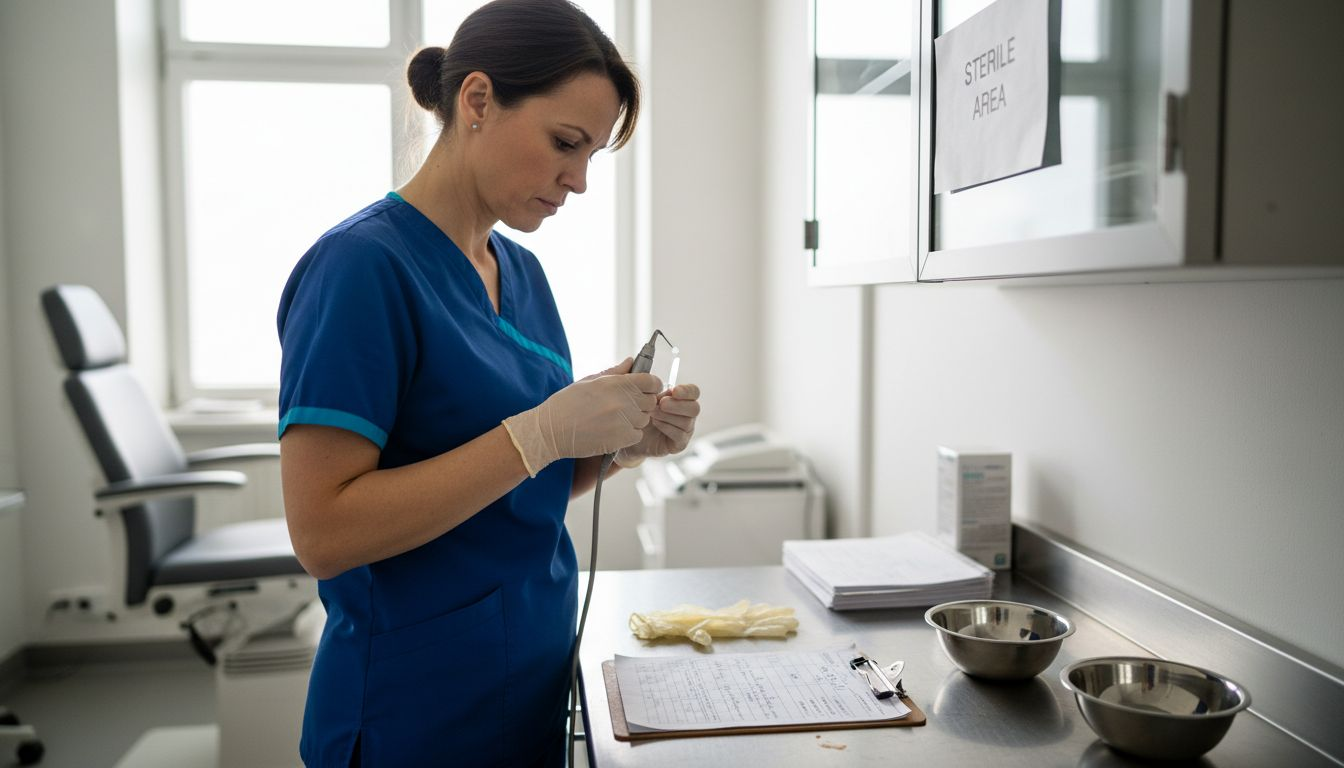 Audiologist preparing equipment for safety