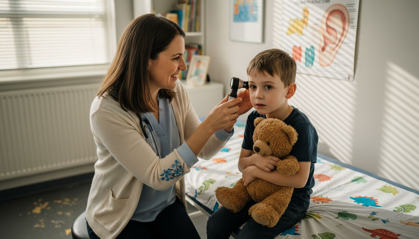 Doctor examines young boy’s ear in clinic