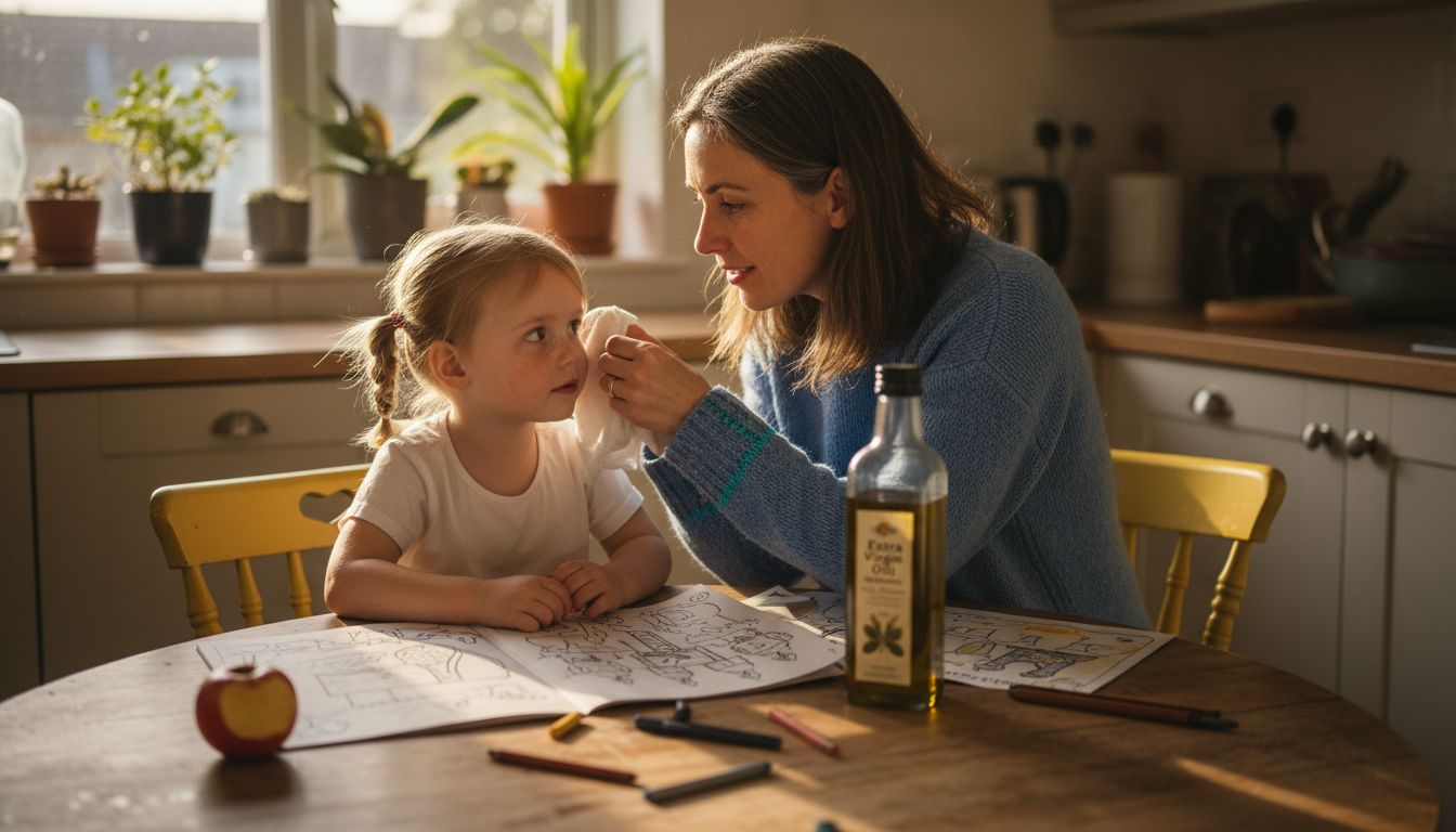 Mother carefully cleaning daughter’s ear at table