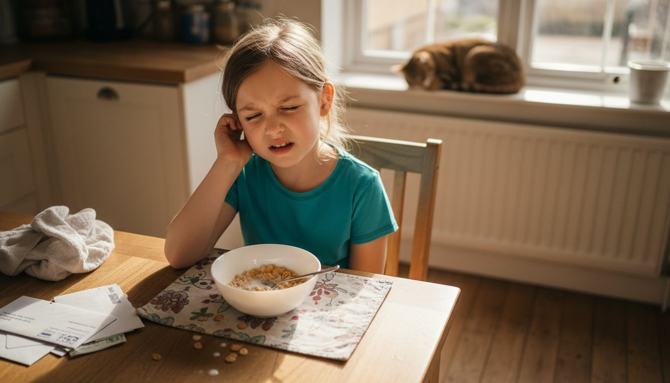Girl touching ear looking uncomfortable