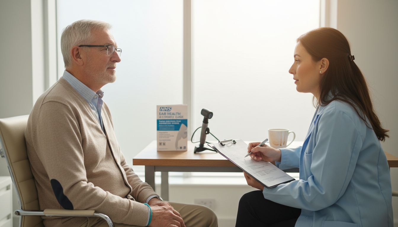 Elderly man ear exam in clinic room