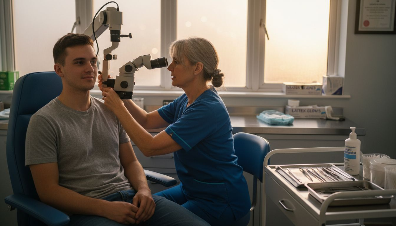 Audiologist prepares patient for microsuction