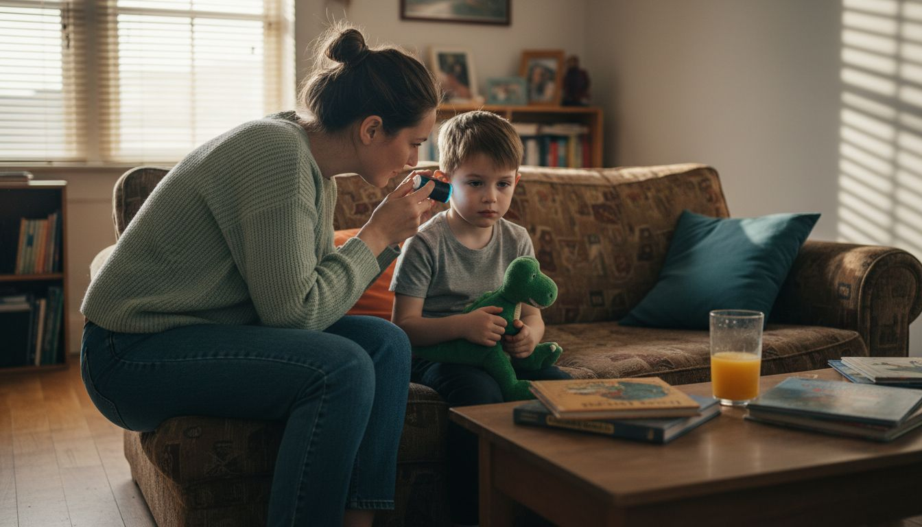 Mother inspecting young son's ear at home