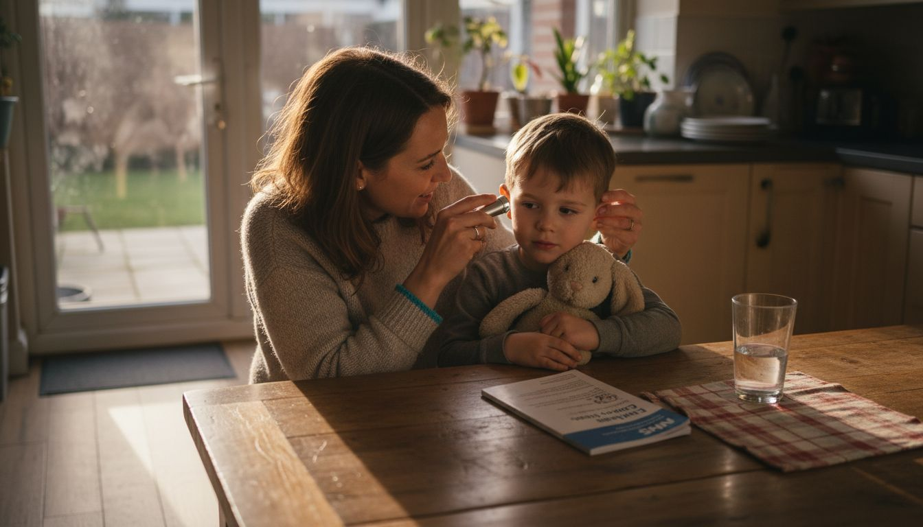 Mother checking child's ear in sunlight kitchen