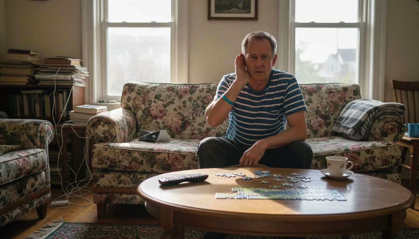Older man cupping ear in living room