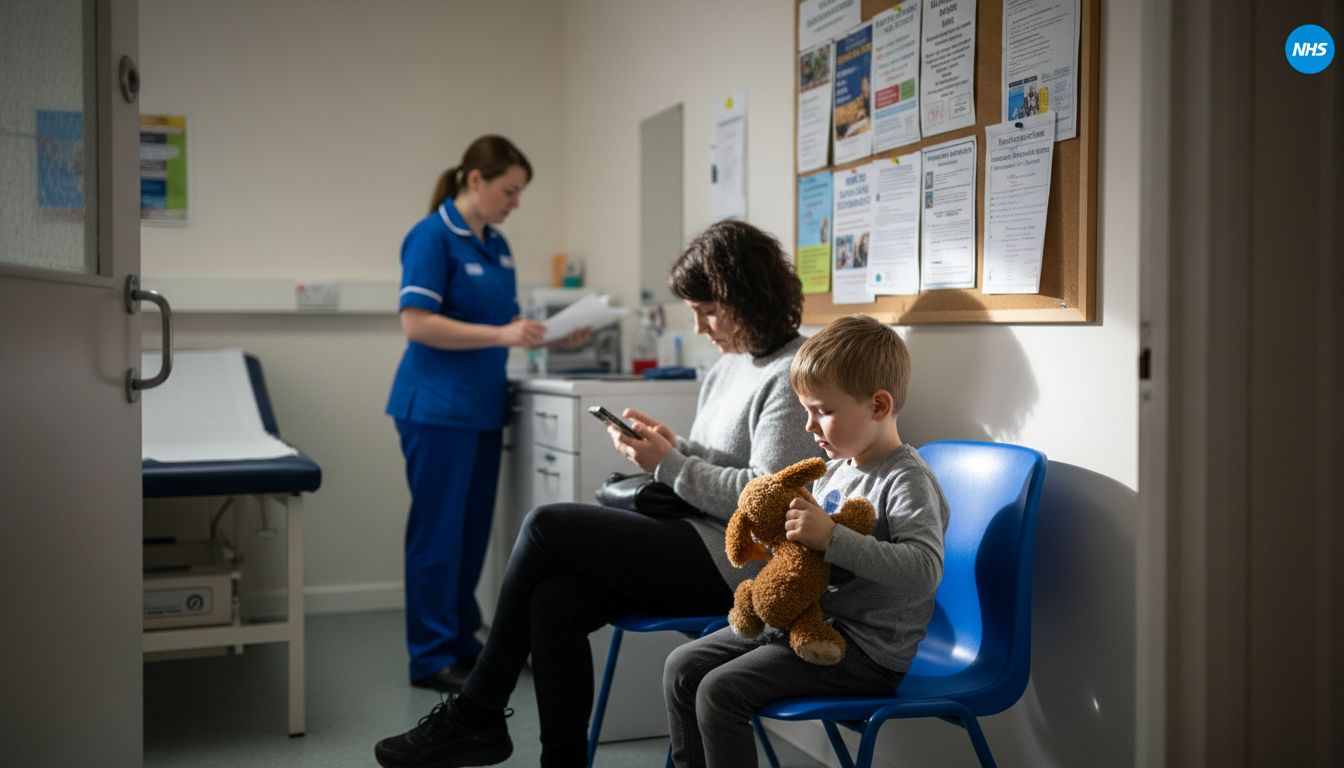 Child waits with mother in NHS ear clinic
