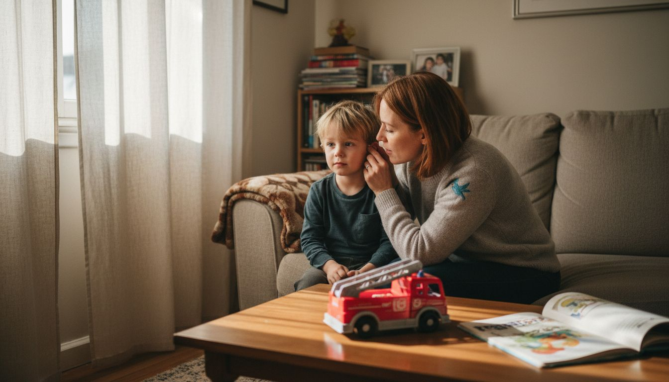 Mother checking young son's ear for wax