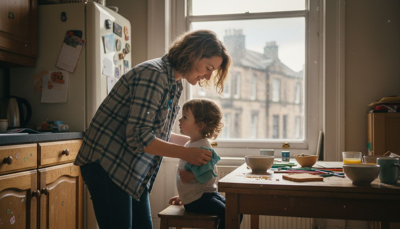 Parent gently checks young child's ear in kitchen