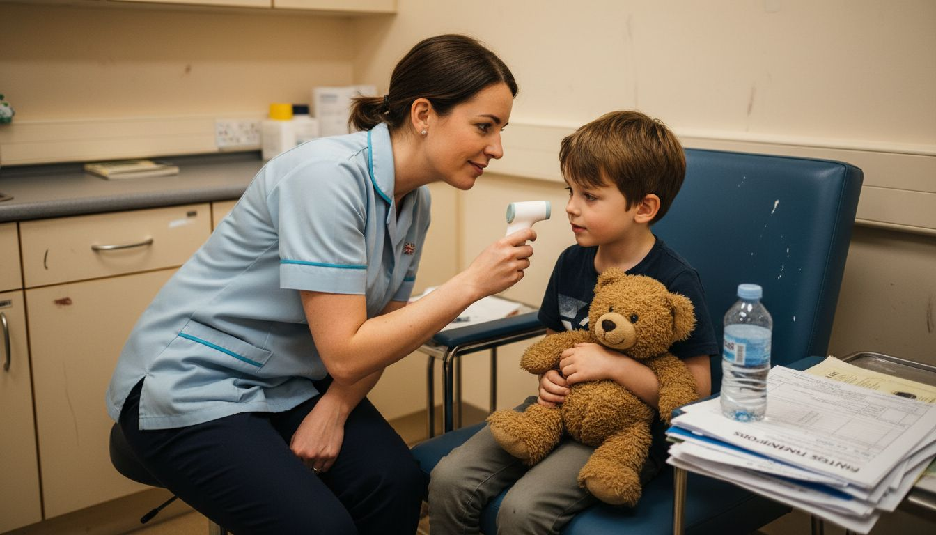 Doctor examining young boy’s ear in NHS clinic