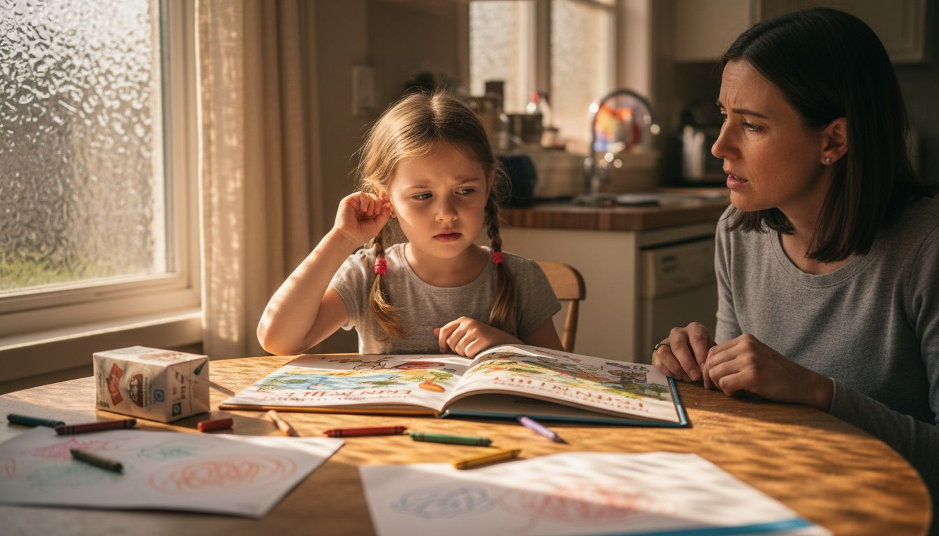 Child showing ear discomfort at kitchen table