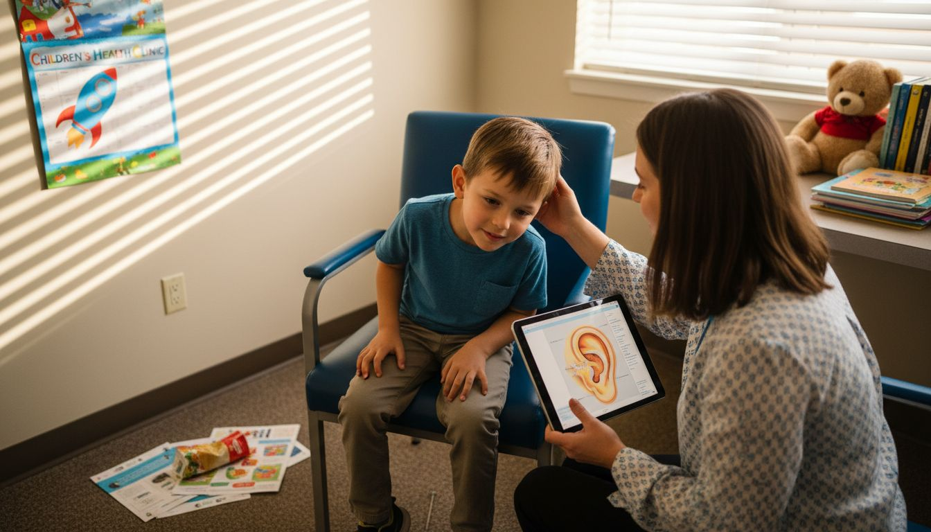 Audiologist examining child’s ear in clinic