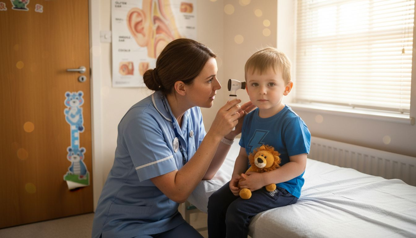 Nurse gently checking child’s ear in clinic
