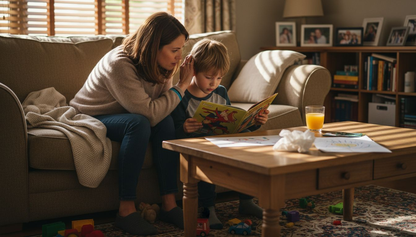 Mother gently checking young son's ear health