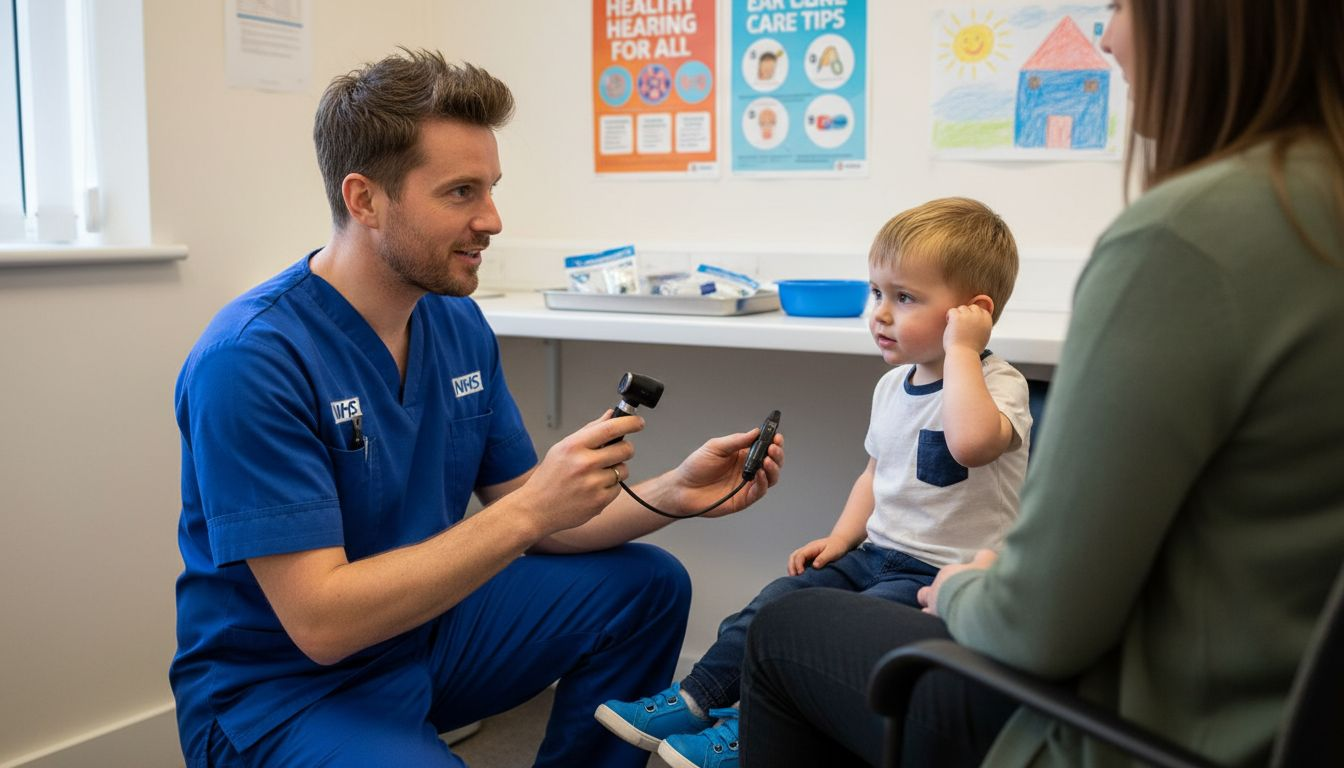NHS nurse checks child’s ear in clinic