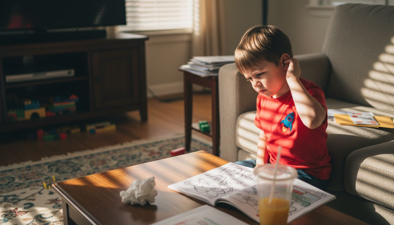 Boy rubbing ear, looking uncomfortable on sofa