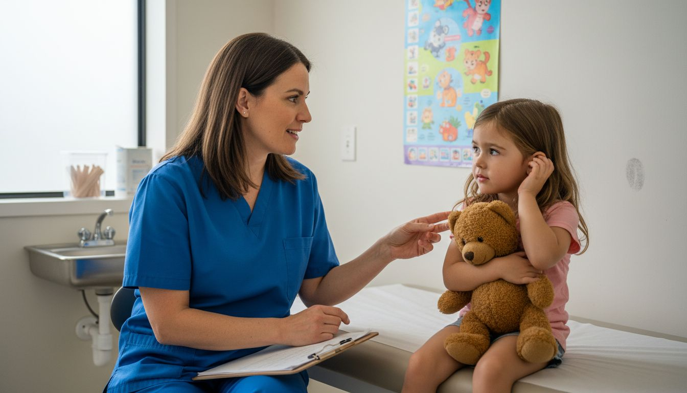 Pediatrician examines child’s ear in clinic