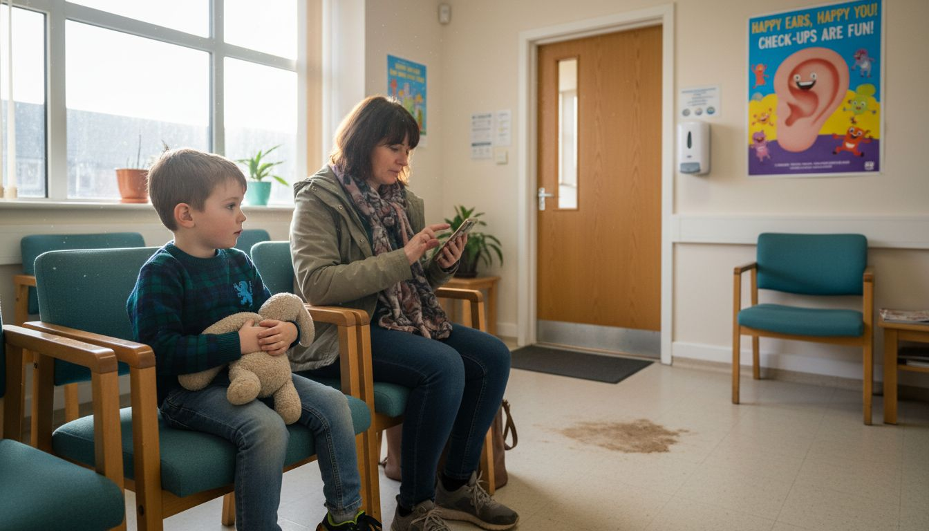 Child and parent waiting at ear health clinic