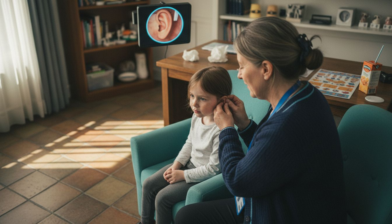 Audiologist examines child's ear for wax