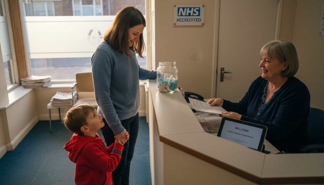 Family checking in at ear clinic reception