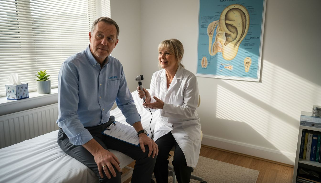 Man speaks with audiologist during ear check