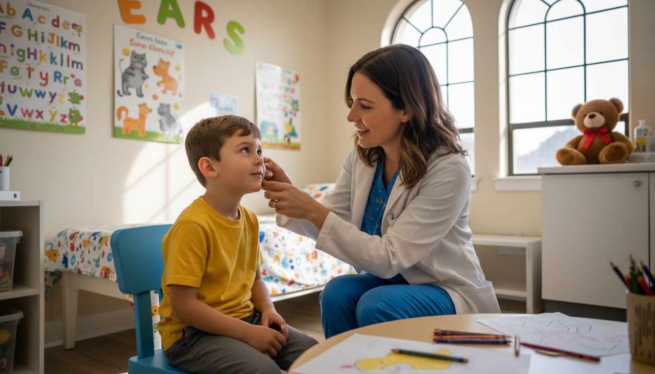 Audiologist examining child’s ear in playful clinic