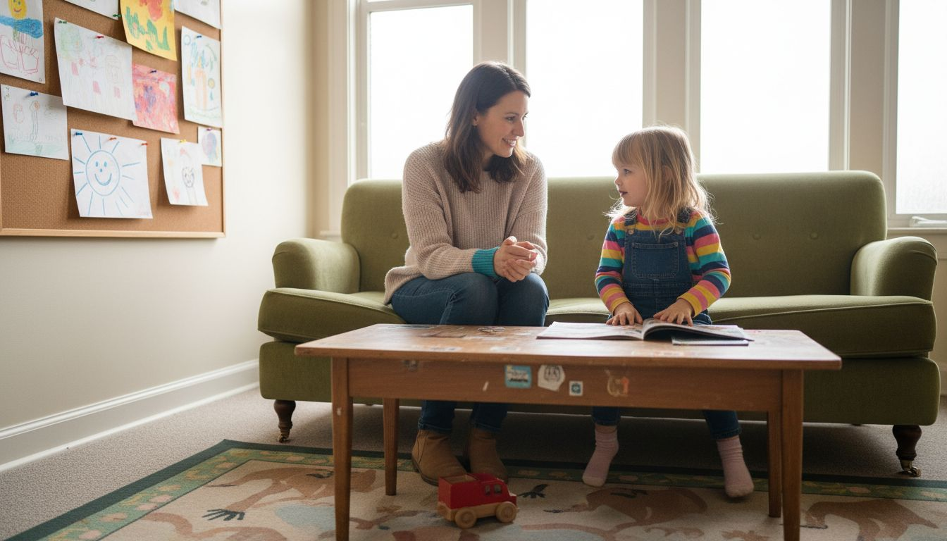 Mother and child in pediatric clinic waiting room