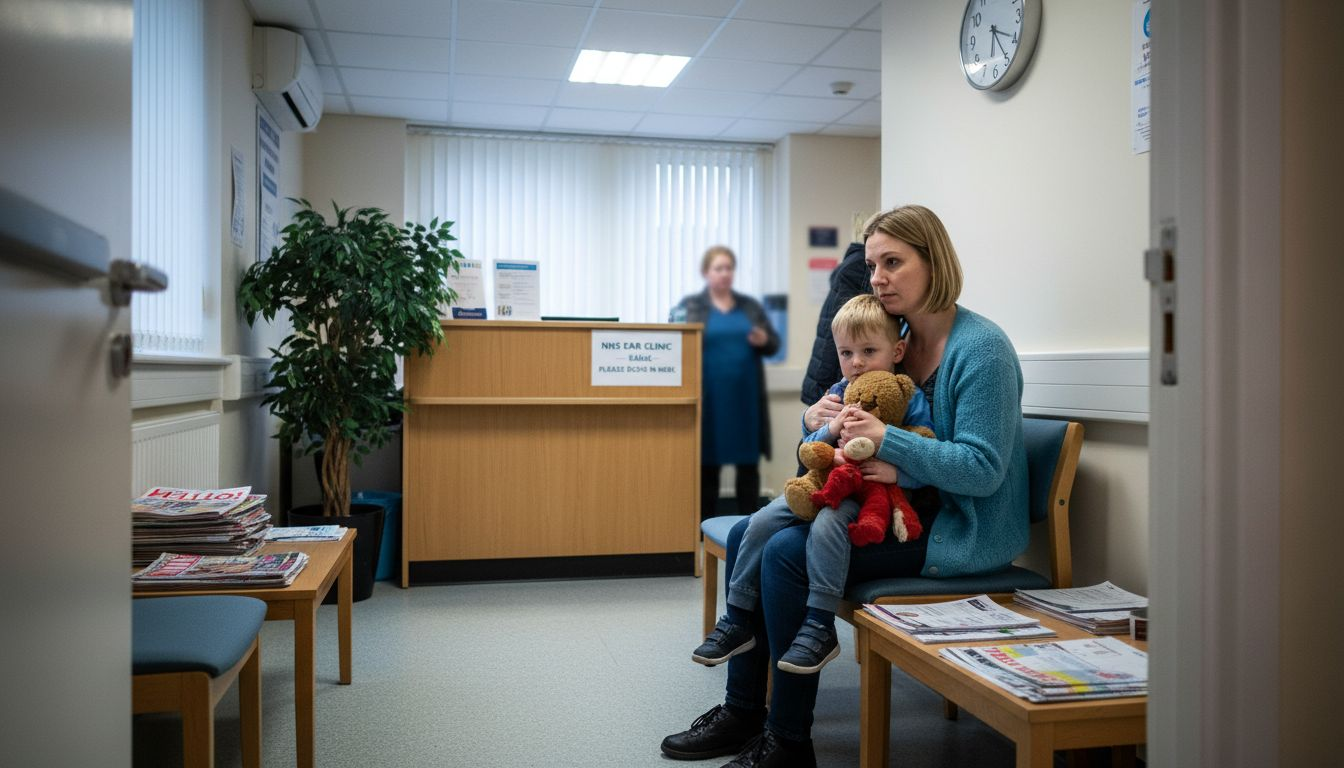 Mother and child in ear clinic waiting area