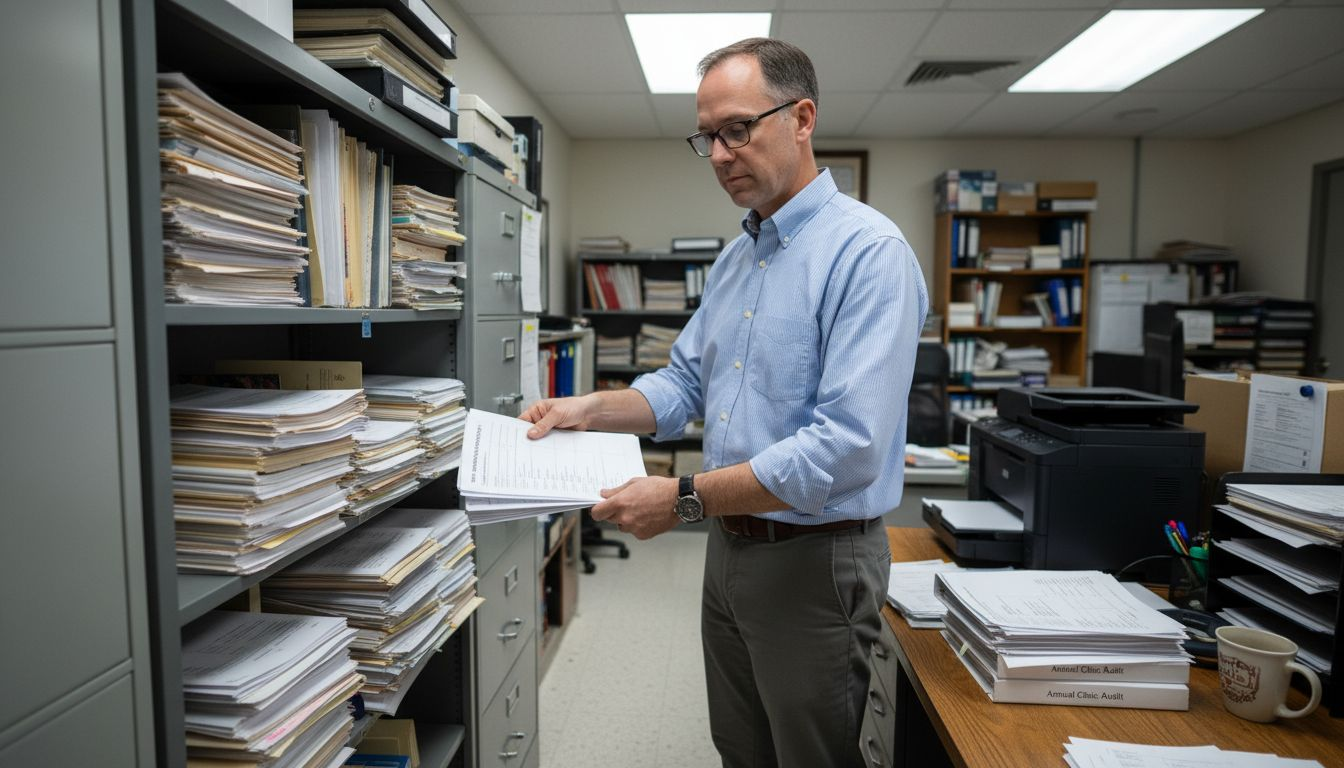 Administrator sorting clinic accreditation paperwork