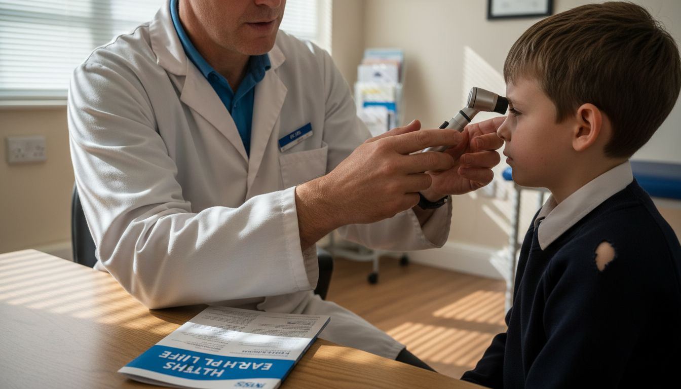 Doctor examining child’s ear closely