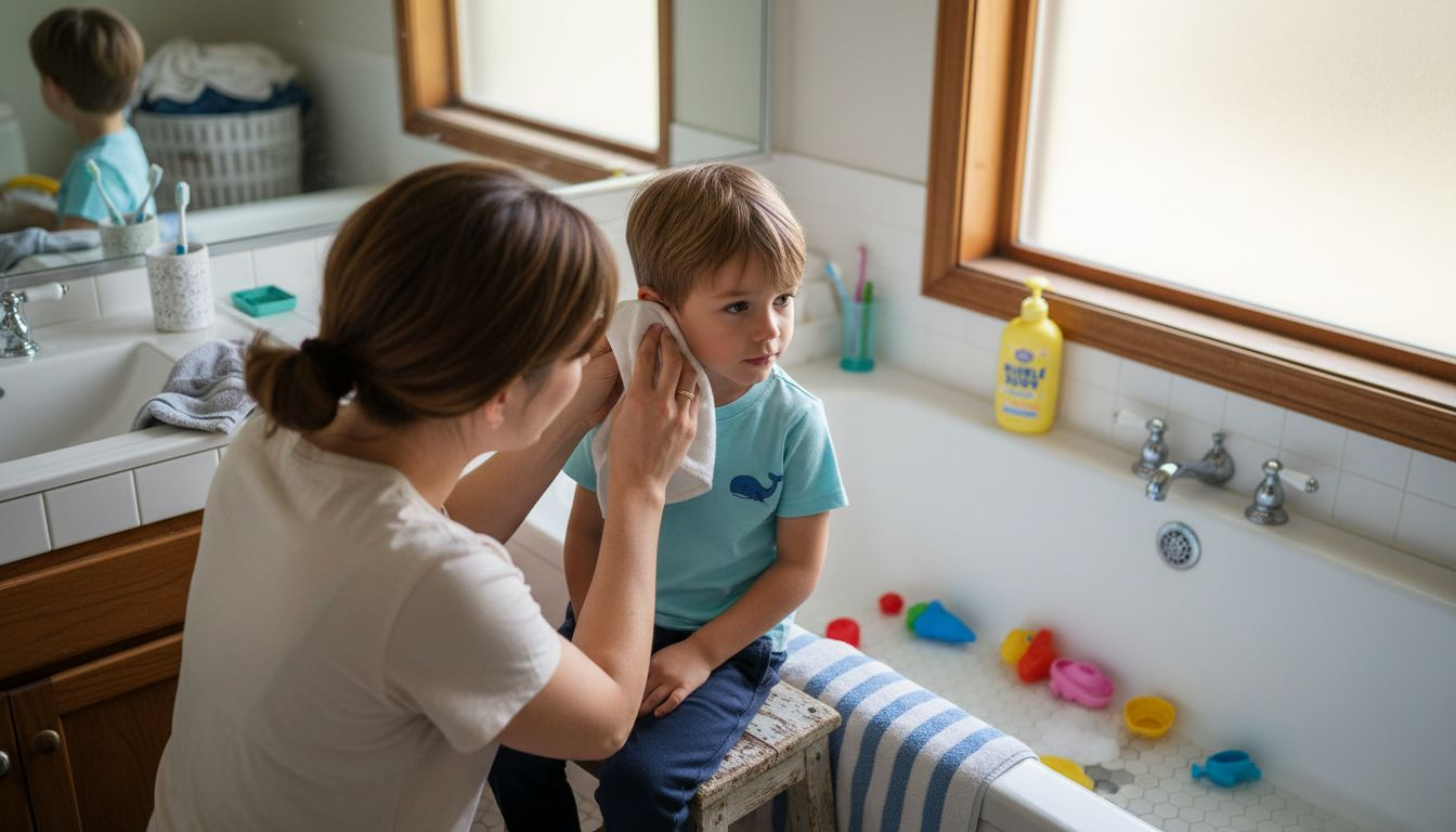 Mother checking young boy's ear health
