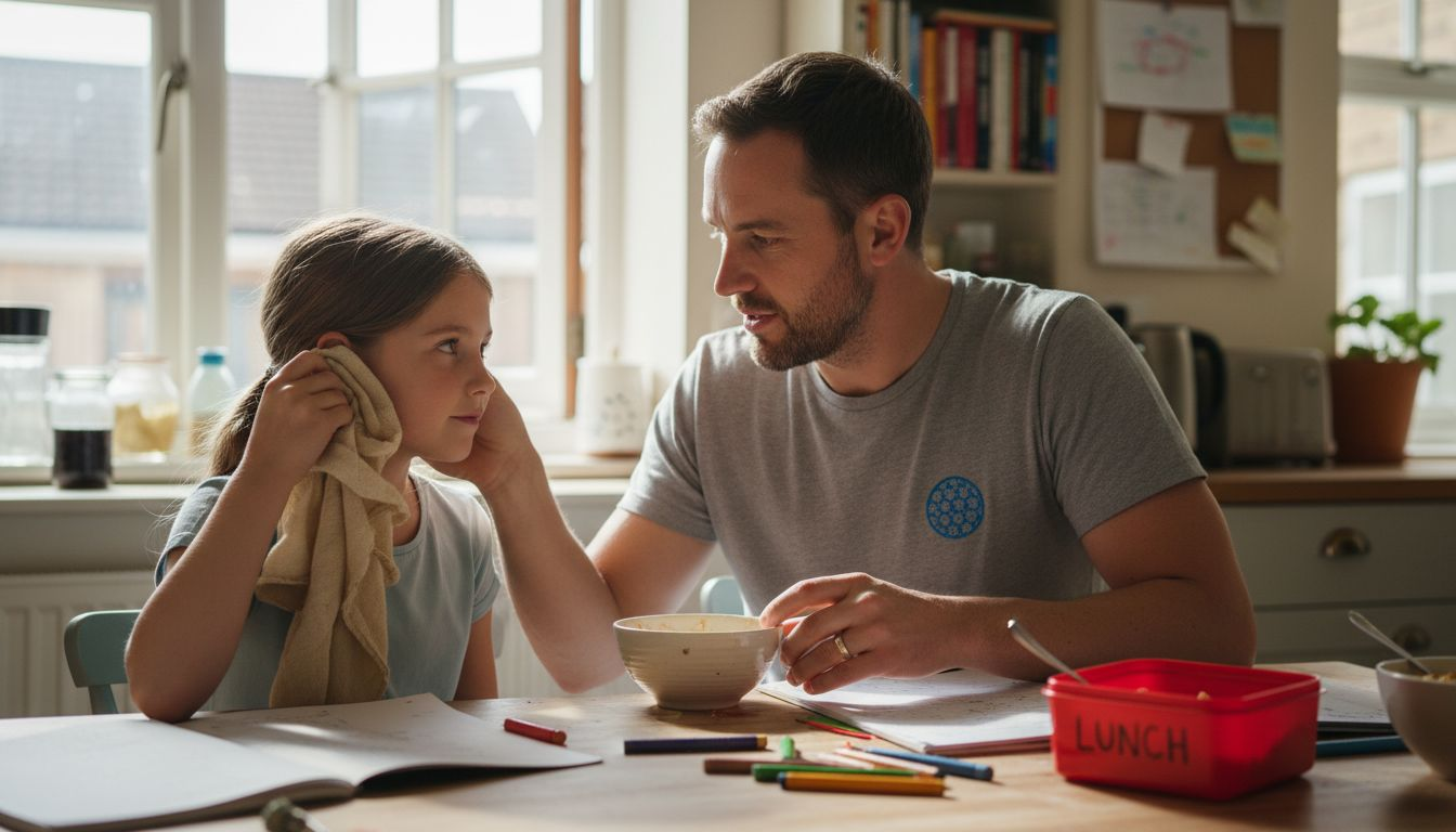 Father carefully cleaning daughter's outer ear