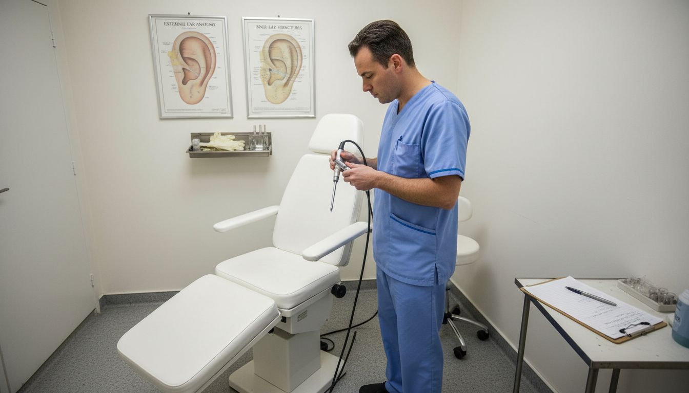Clinician preparing ear cleaning equipment