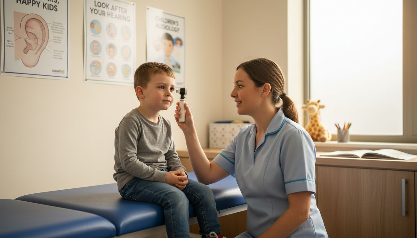 Nurse checking child’s ears in clinic setting