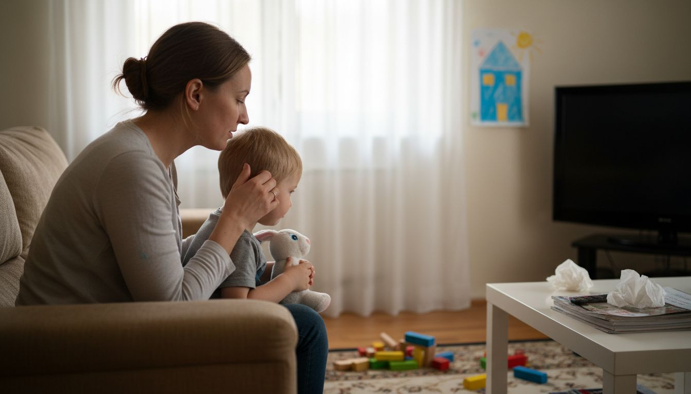 Mother gently checks young boy’s ear at home