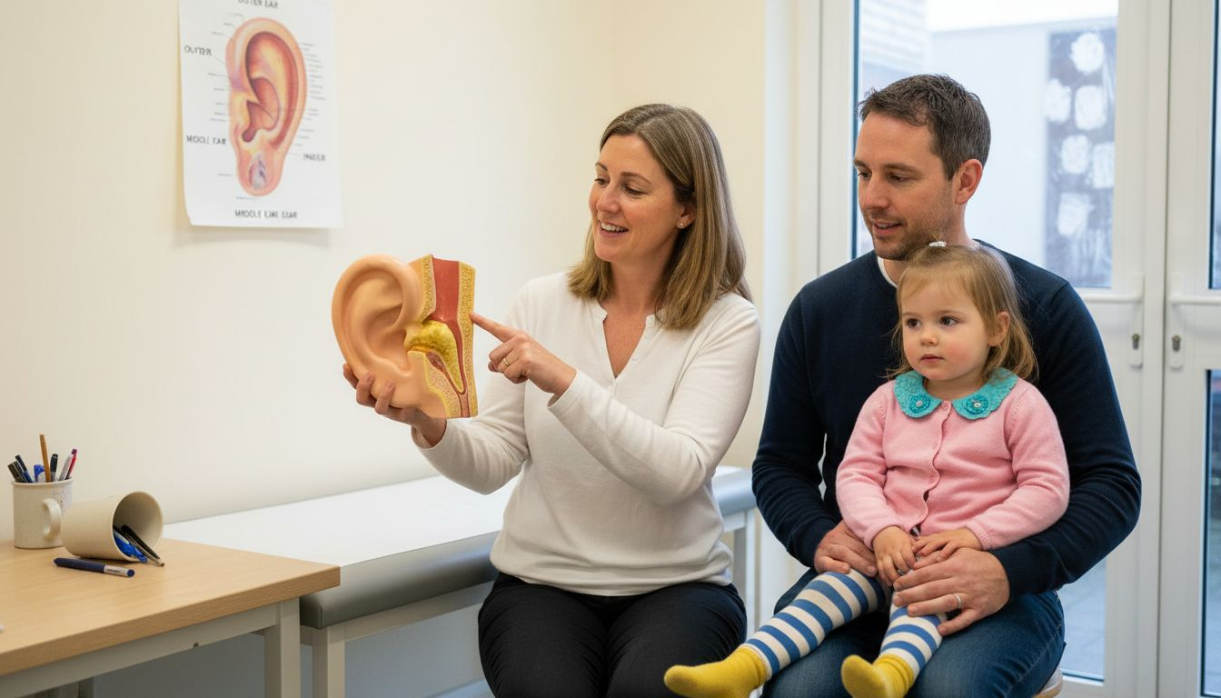 Doctor explaining ear wax function to family