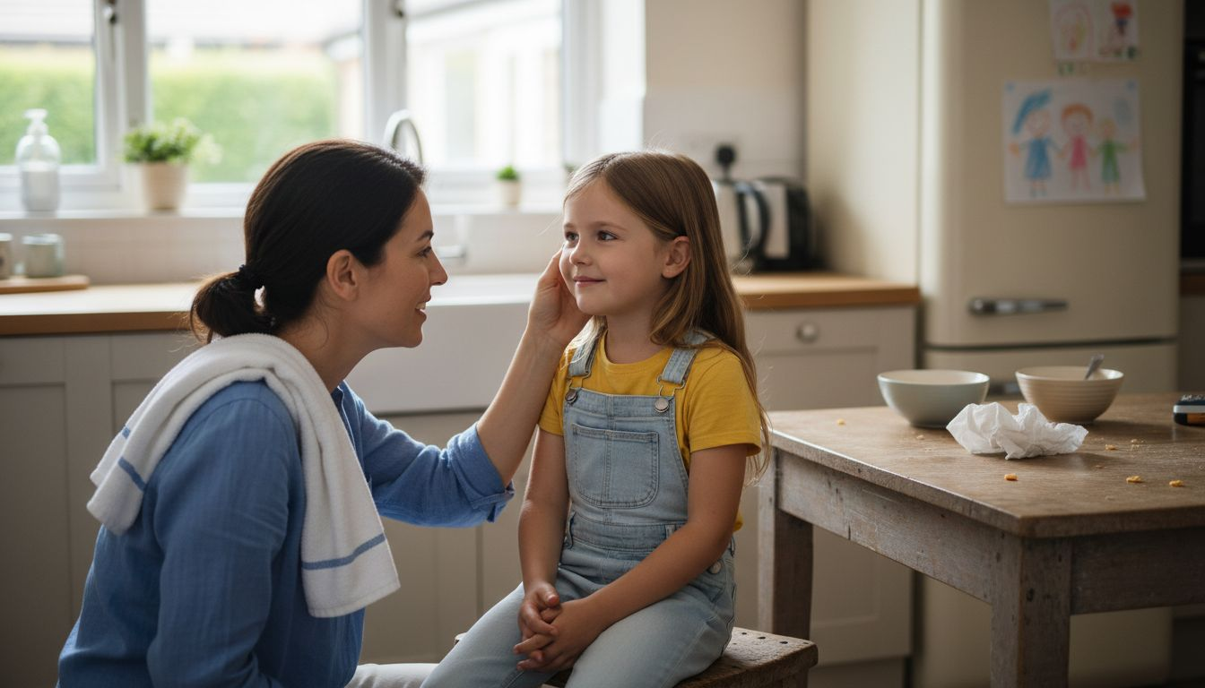 Parent carefully checking child's ear at home