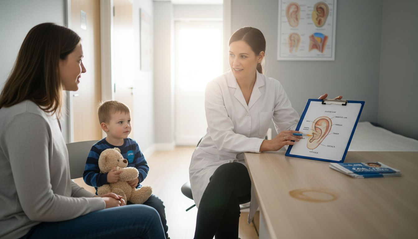 Doctor explains healthy earwax to parent and child