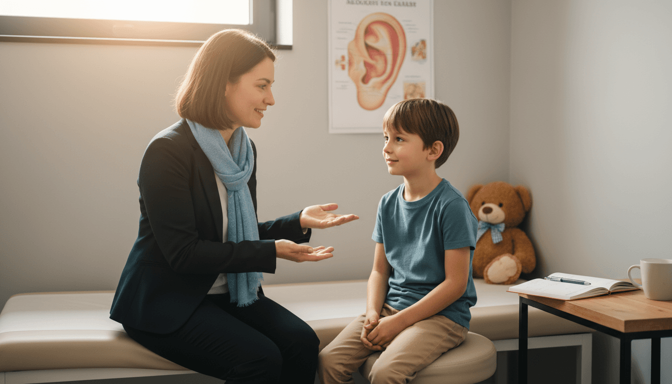 Child ear exam by audiologist in clinic