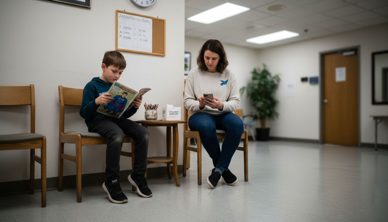 Mother and child waiting in ear clinic lobby
